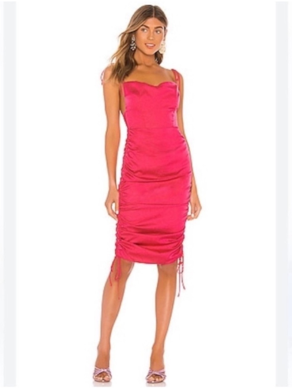 Revolve Superdown Cora Satin Midi Dress Size XS Hot Pink Ruched Party Event